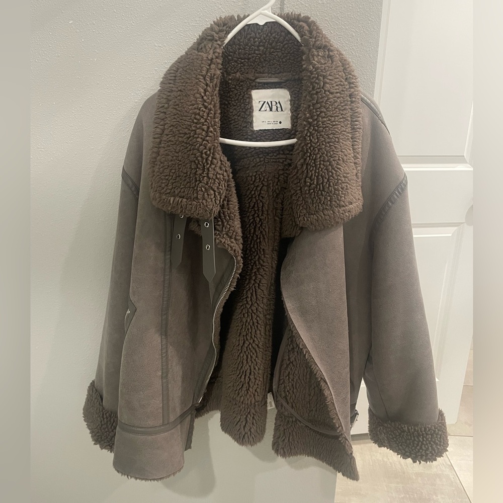 ZARA WOMEN FAUX LEATHER SHEARLING DOUBLE-FACED BIKER JACKET GRAY 3548/243